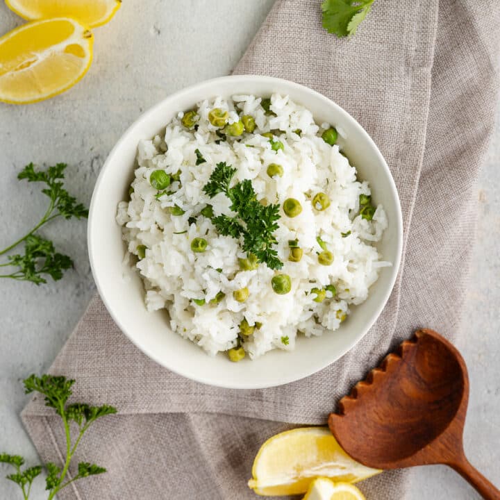 a bowl of herb rice with peas
