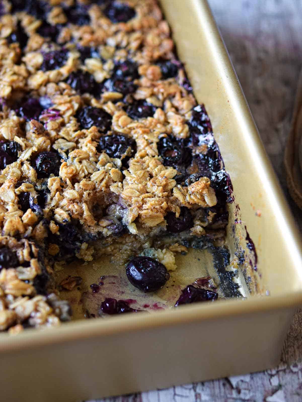 blueberry baked oatmeal in a baking dish.