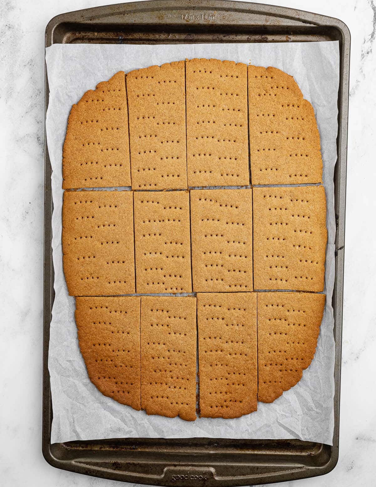 baked gluten-free graham crackers on a sheet pan.