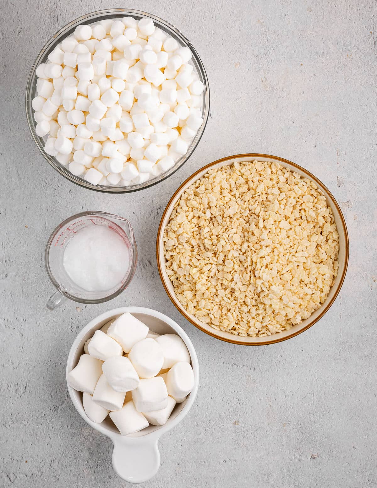 mini marshmallows, rice krispies, coconut oil, big marshmallows