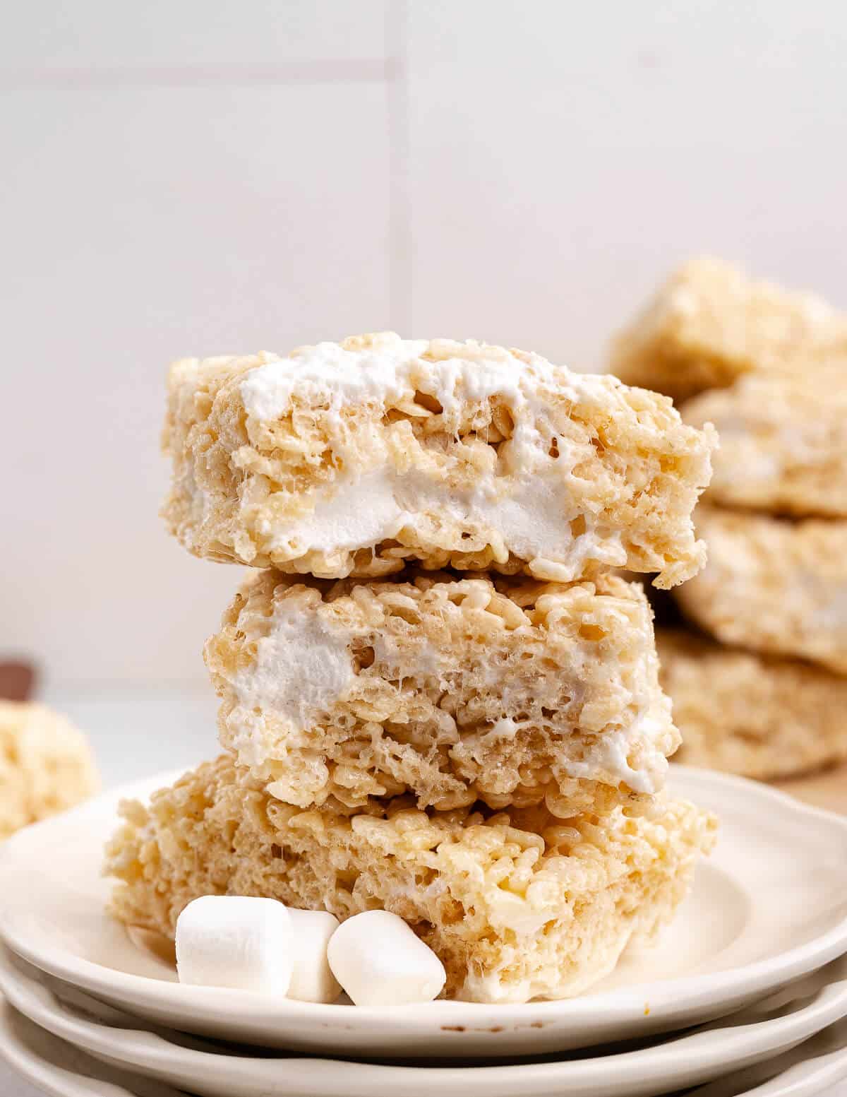 a stack of homemade rice krispie treats.