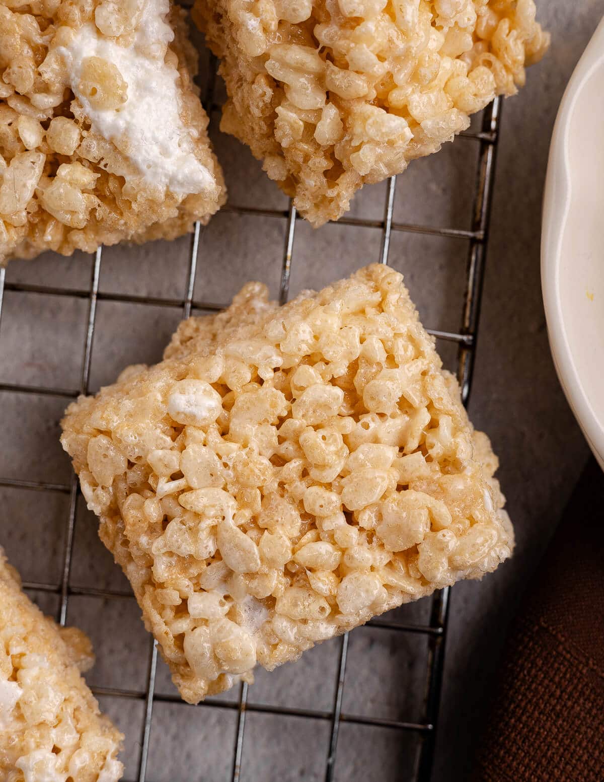 homemade rice krispie bar on a wire rack.