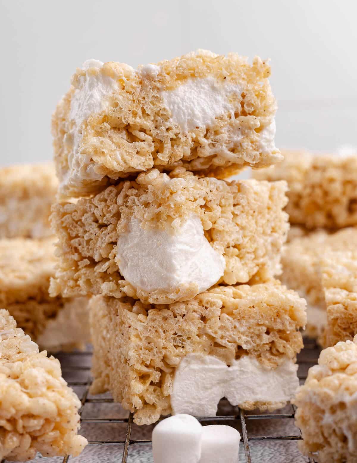 a stack of three homemade rice crispy treats