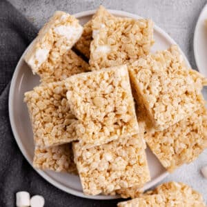 a plate of homemade rice krispie treats