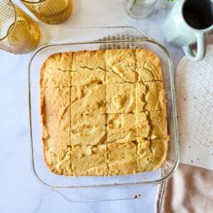 gluten free cornbread in a glass baking dish.