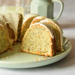 a piece of lemon poppyseed cake on a plate.