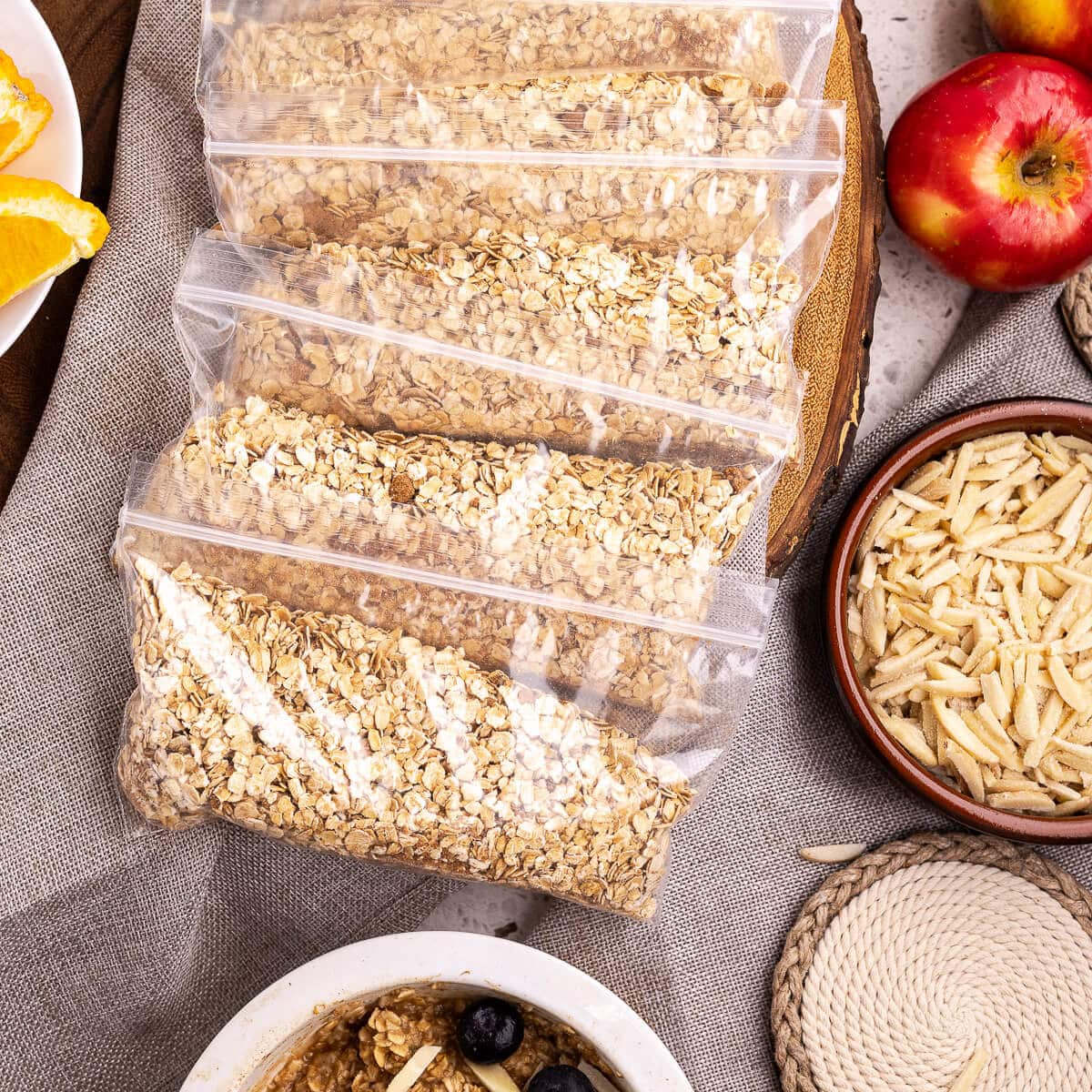 snack baggies with instant oatmeal in them.