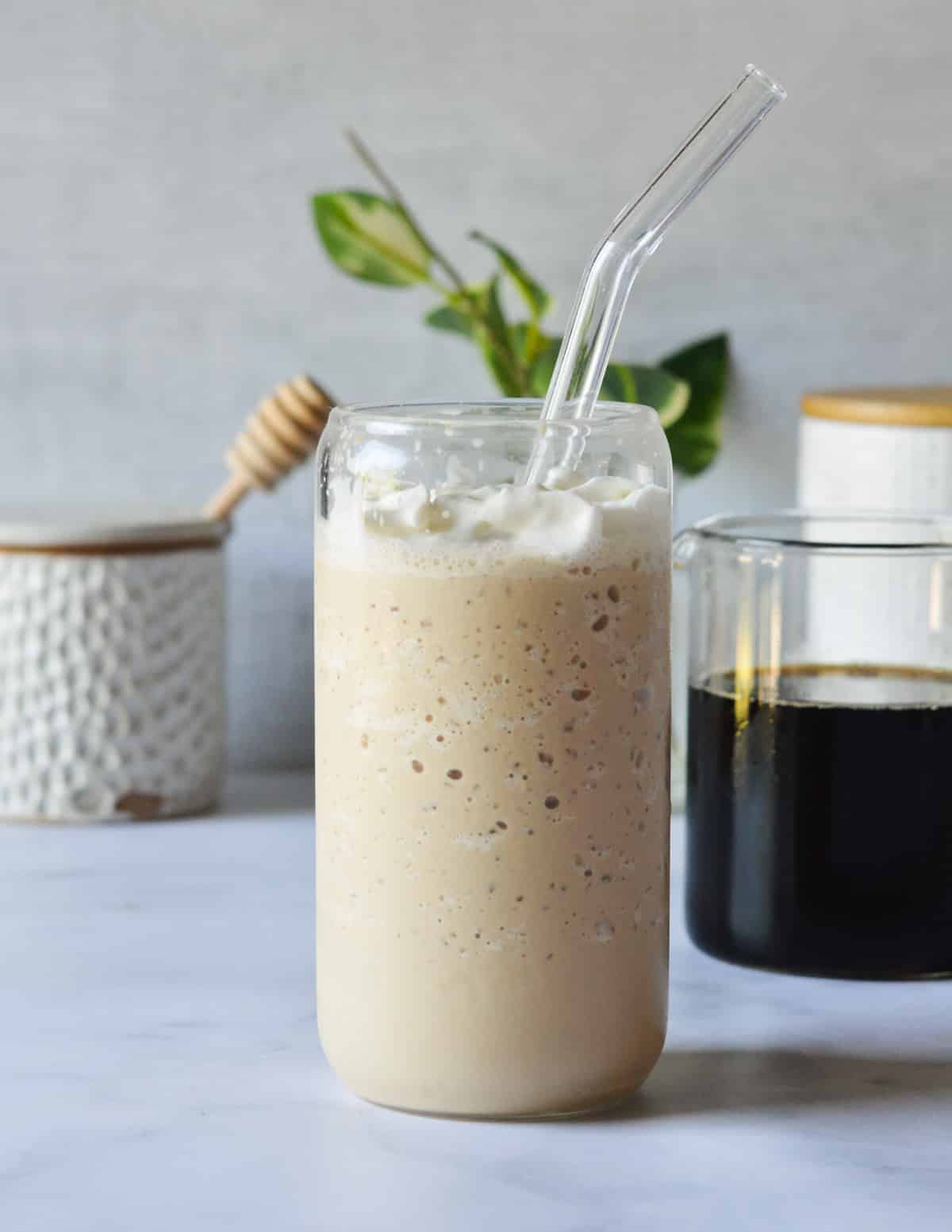 homemade frosted coffee with whipped cream on top