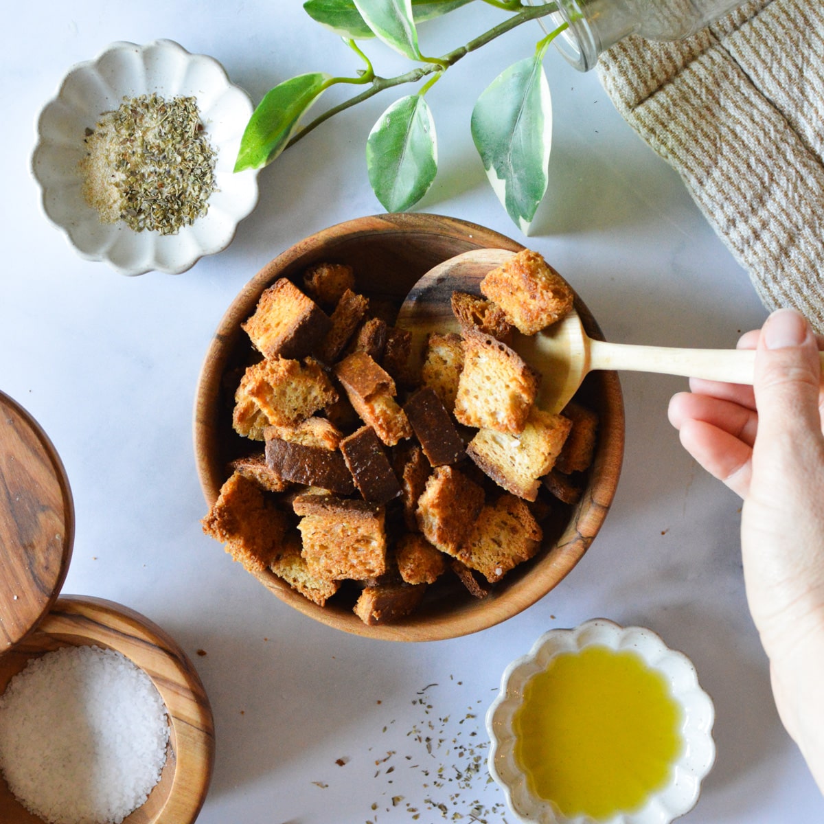 a bowl of homemade gluten free croutons