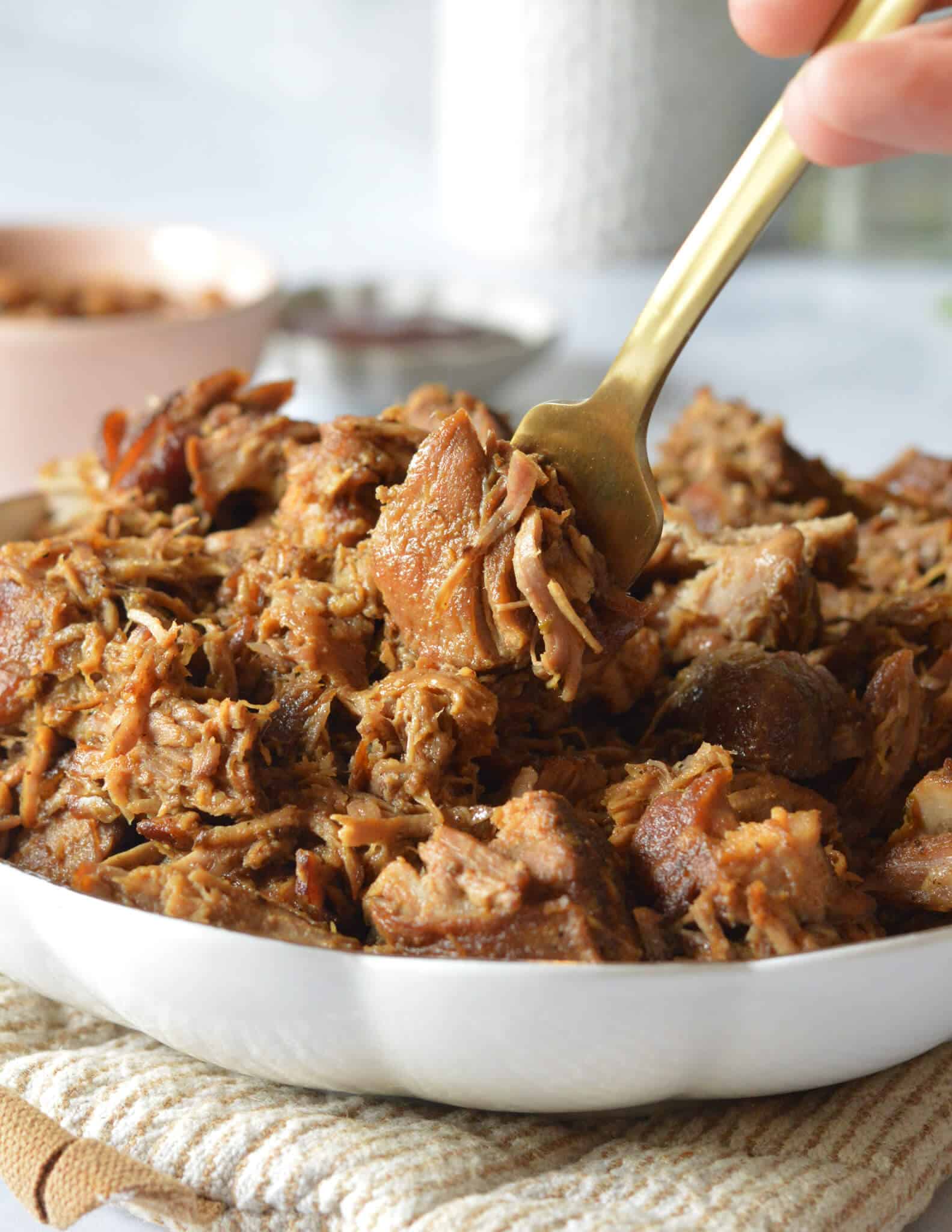 a forkful of pulled pork over a bowl of it.