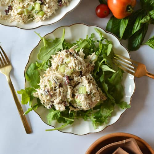 lemon basil chicken salad on a plate of arugula