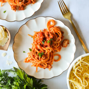a plate of turkey spaghetti